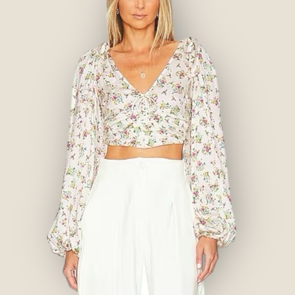 For Love And Lemons Tops - For Love & Lemons | Tanya | Crop Top XS White Floral Satin Puff Sleeve Blouse